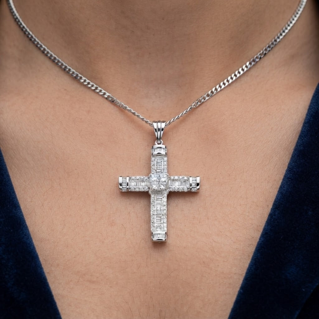 Real Diamond Cross Pendant 18ct White Gold 18" Chain Baguette Princess Round Cut