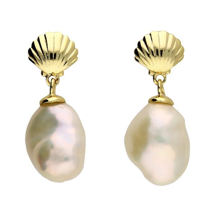 Yellow Gold Shell Stud Drop Earrings with Keshi Pearl on Solid Sterling Silver