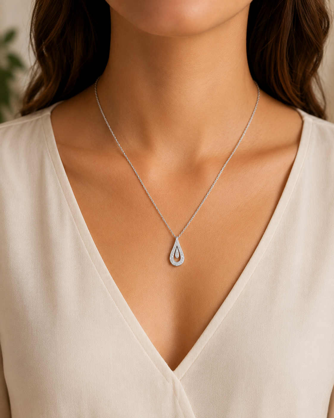 Natural Diamond Teardrop Pendant 9ct White Gold 18" Chain Hallmark British Made