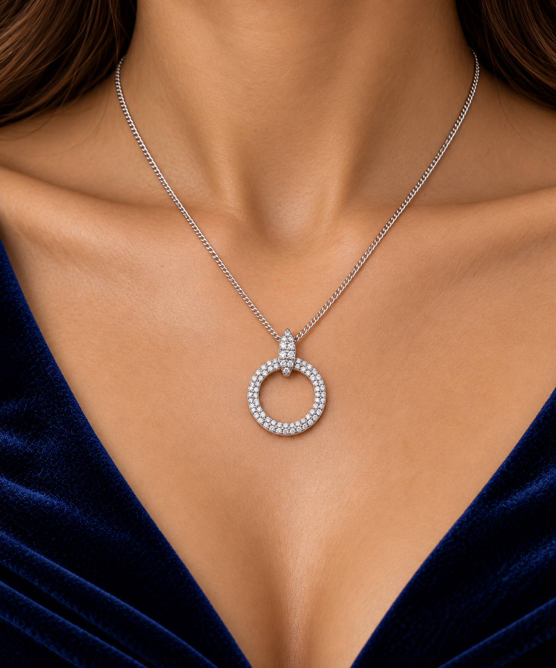 Pave Diamond Circle Pendant 9ct White Gold 18" / 45cm 0.60ctw Real Diamonds