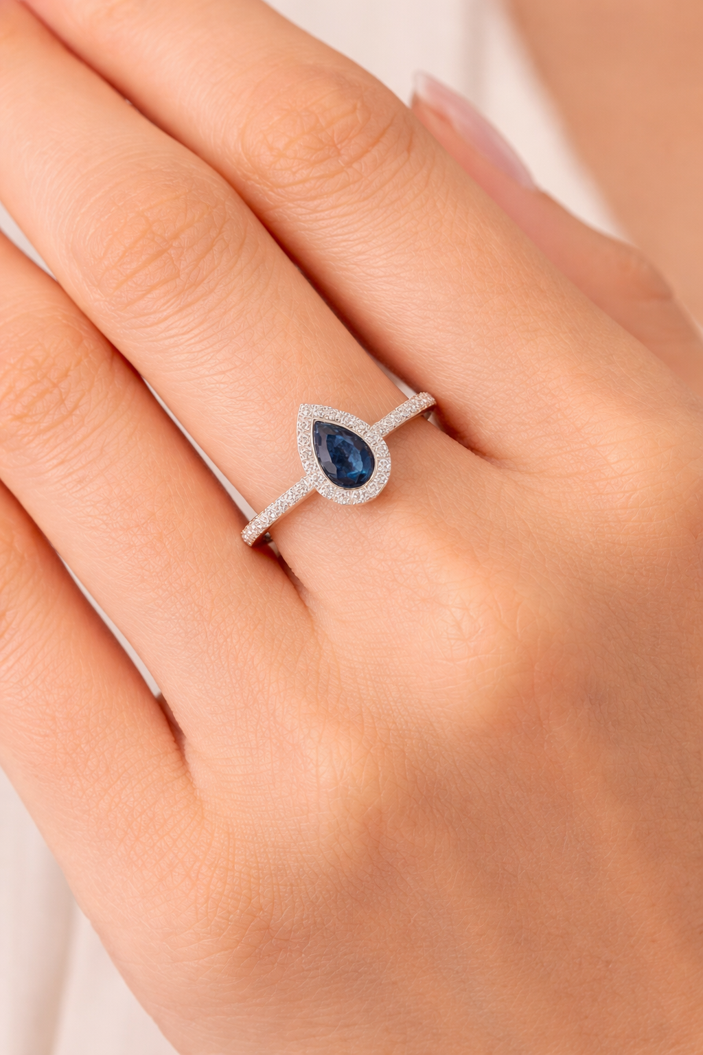 Real Sapphire and Diamond Pear Ring 9ct White Gold Teardrop Cluster Size J - Q