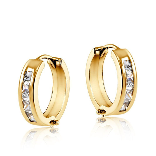 Yellow Gold Huggie Hoop Earrings Princess Cut Zircon 12mm Hinged Hoops Hallmark