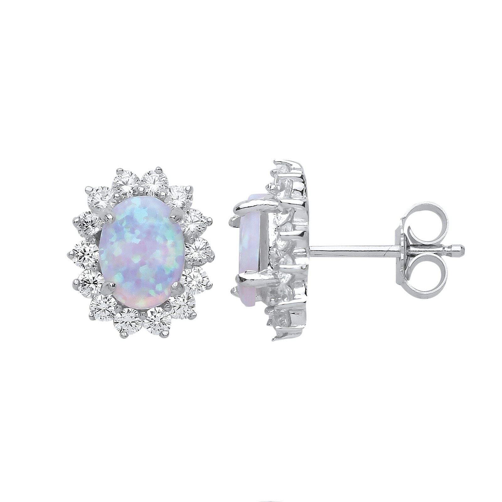 Opal Oval Stud Earrings Solid Sterling Silver Rhodium Plated 925 Hallmark