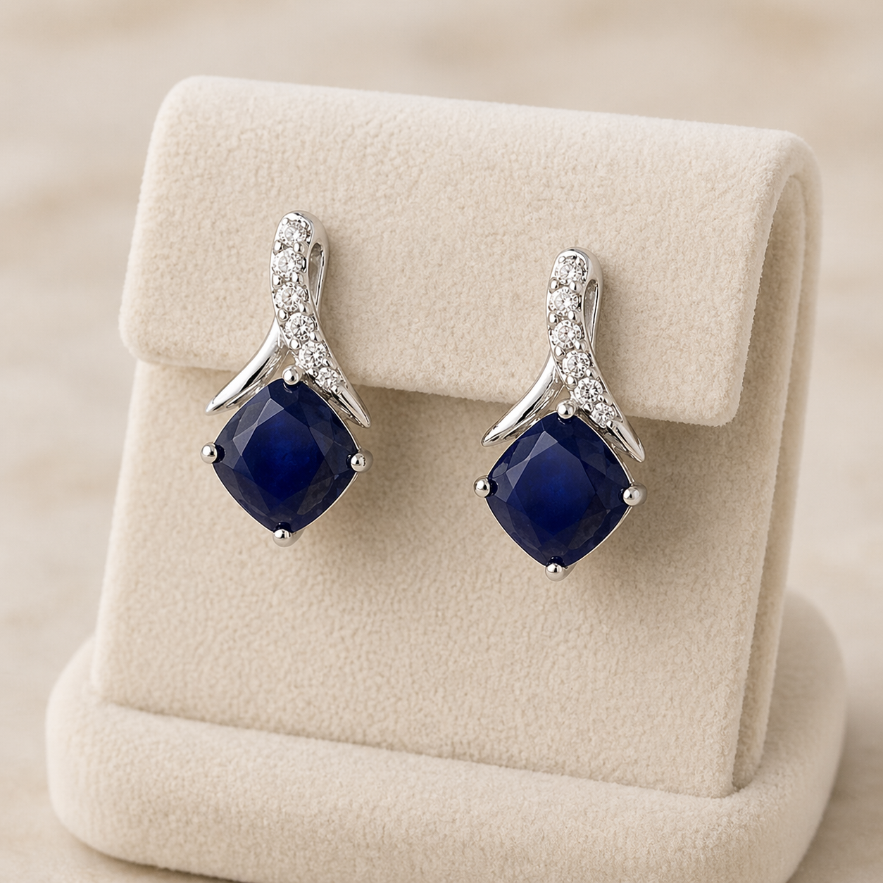 Natural Sapphire and Diamond Earrings Solid White Gold Cushion Drops Hallmarked