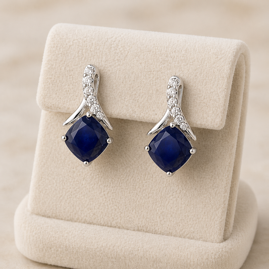 Natural Sapphire and Diamond Earrings Solid White Gold Cushion Drops Hallmarked