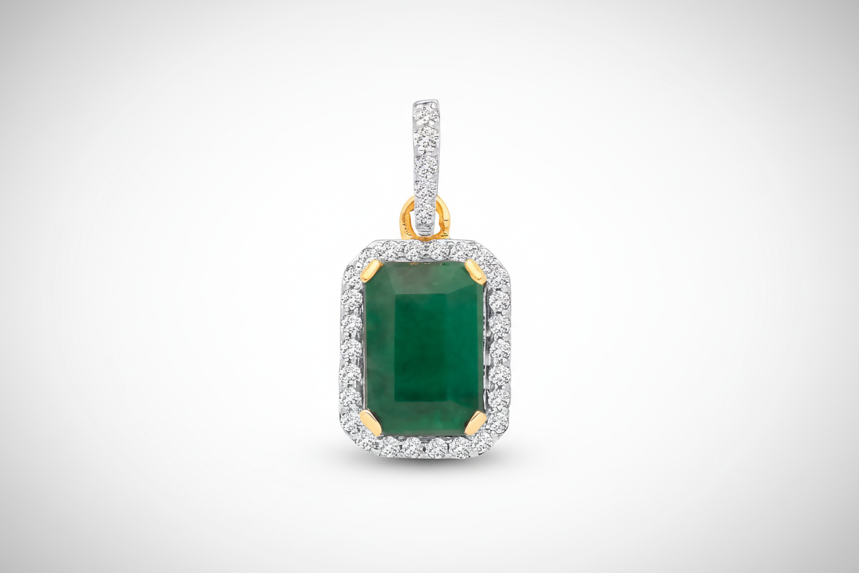 18ct Yellow Gold Emerald and Diamond Pendant Made in London