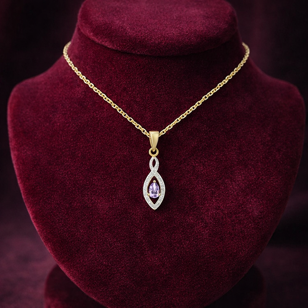 Real Amethyst Pear Pendant With Diamond Solid Yellow Gold 18" 46cm Length Chain