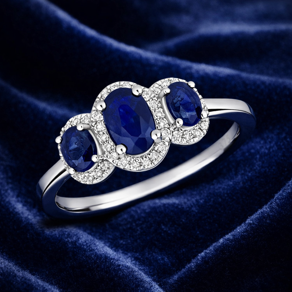 Sapphire and Diamond Ring 9ct White Gold Oval Three Stone Trilogy Size J-Q