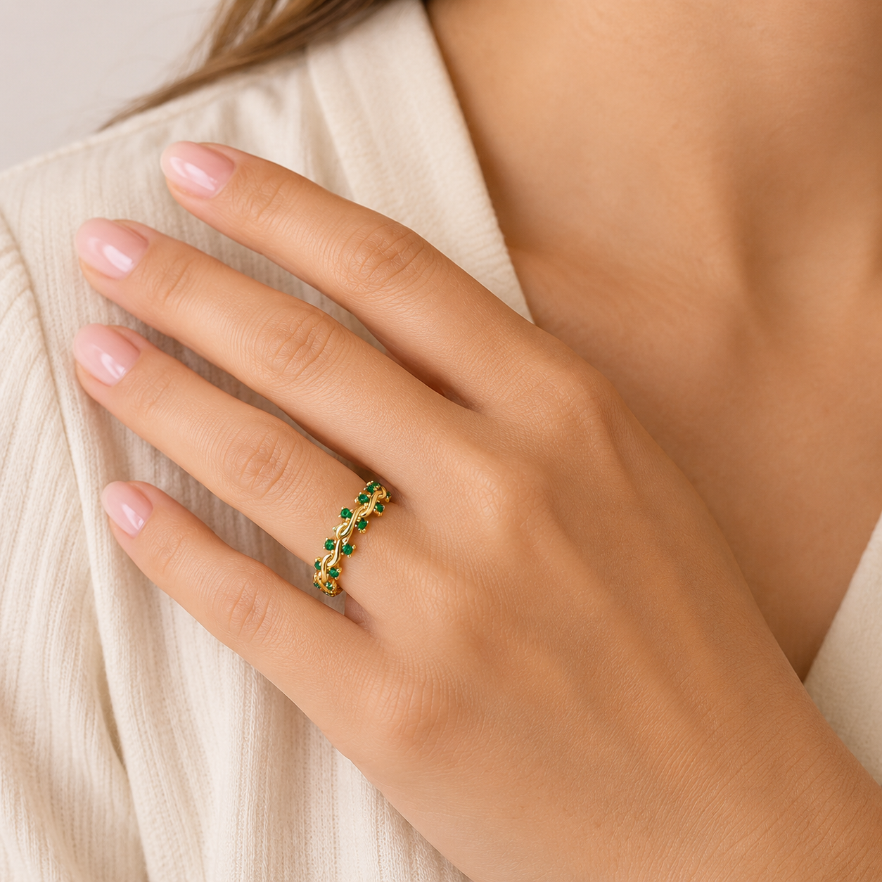 Emerald 9k Yellow Gold Designer Band Ring Eternity Stacking Hallmarked Size K-S