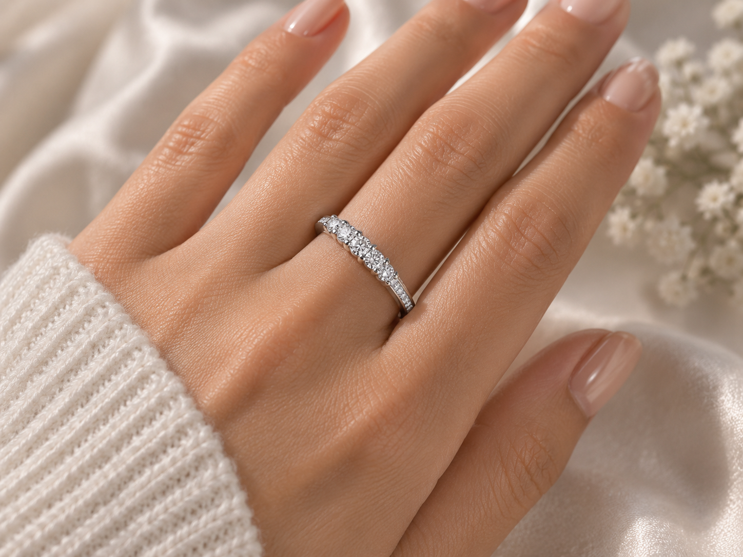 Elegant Five Stone Ring in Solid Sterling Silver with Pavé Accents