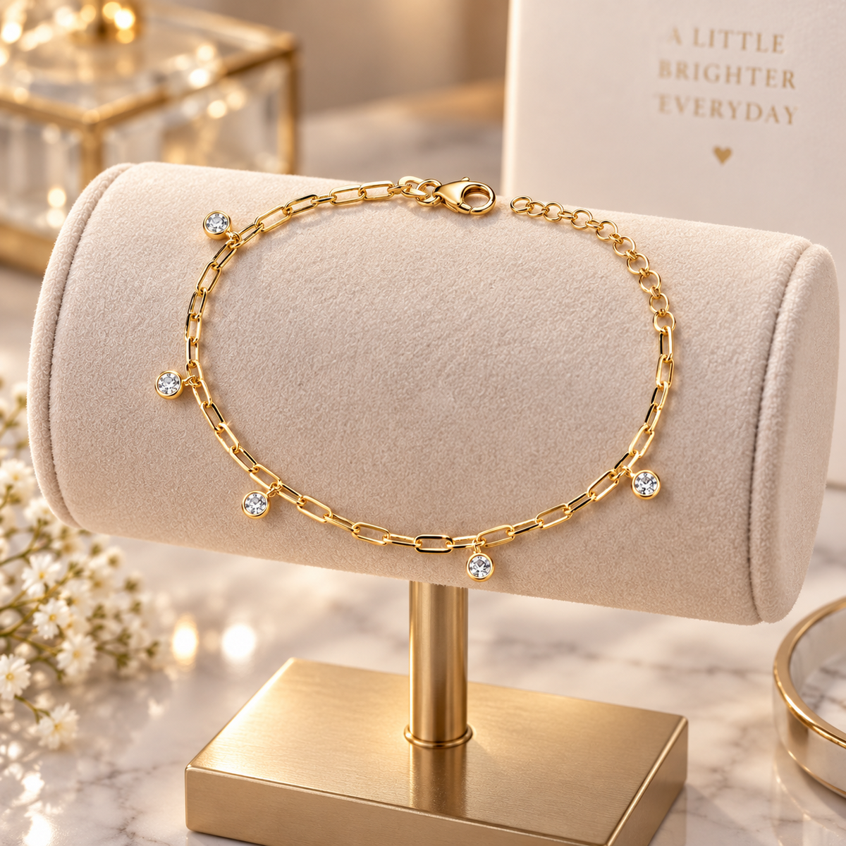 18ct Gold Paperclip Chain Bracelet with Zircon Dangle Charms on Solid Silver 925