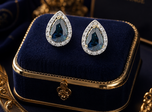 Natural Sapphire Pear and Diamond Stud Halo Cluster Earrings 18ct Yellow Gold