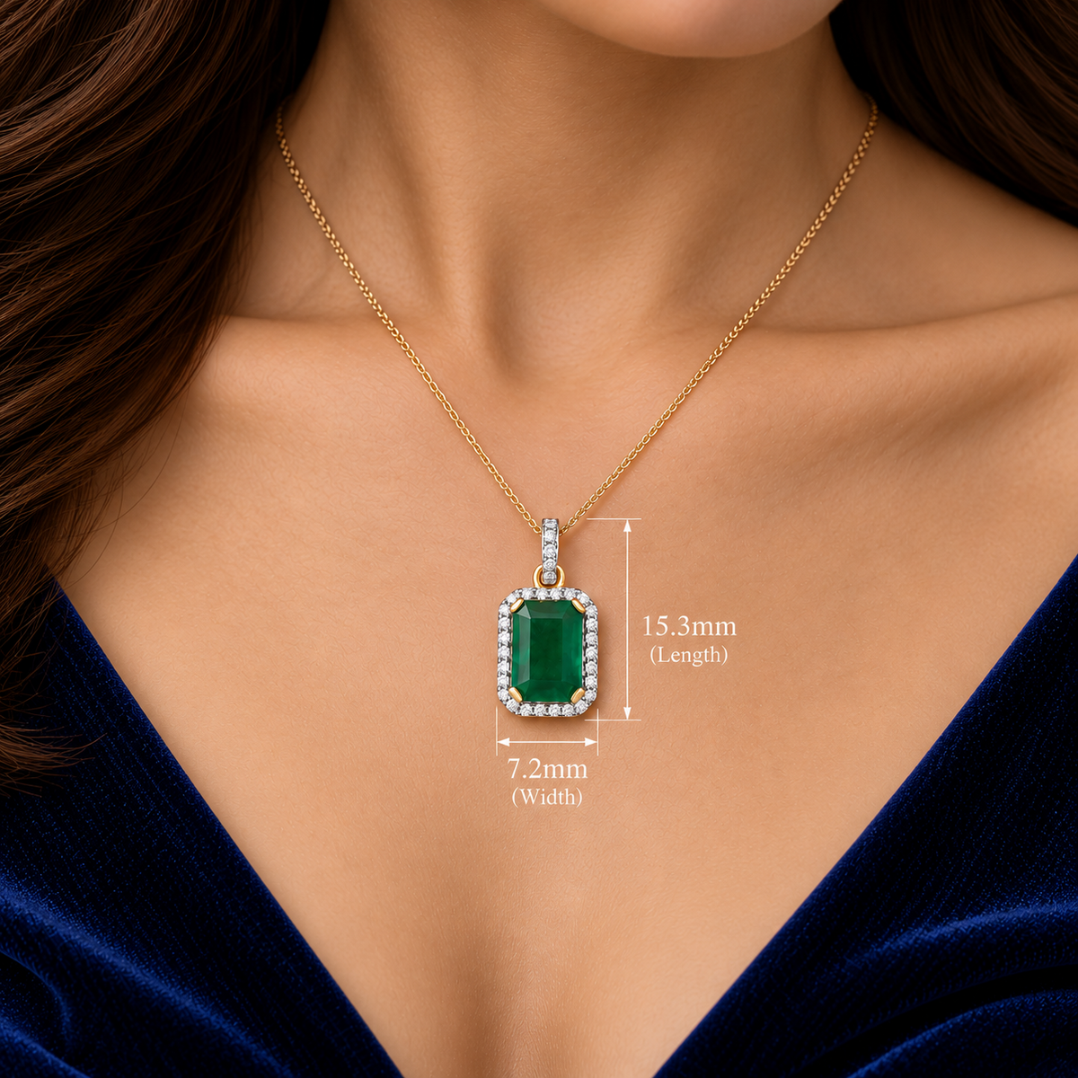 Emerald and Diamond Pendant 18ct Yellow Gold Rectangular Halo 18" Chain