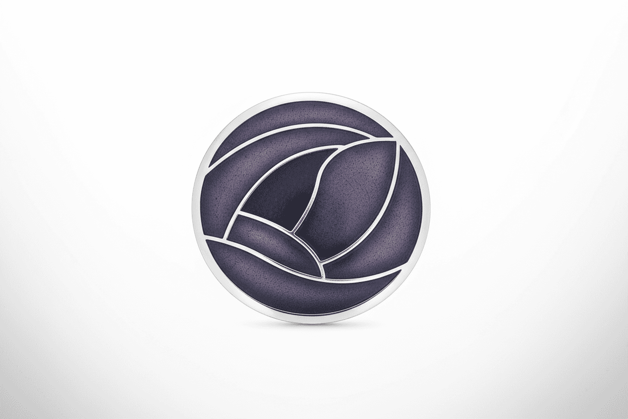 Purple Mackintosh Rose Brooch Round Silver Plated Brand New Gift Packaging