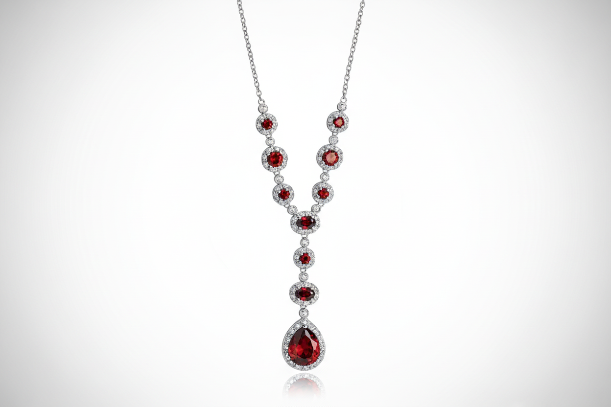 Garnet Necklace Solid Sterling Silver 18" Length Hallmarked British Made