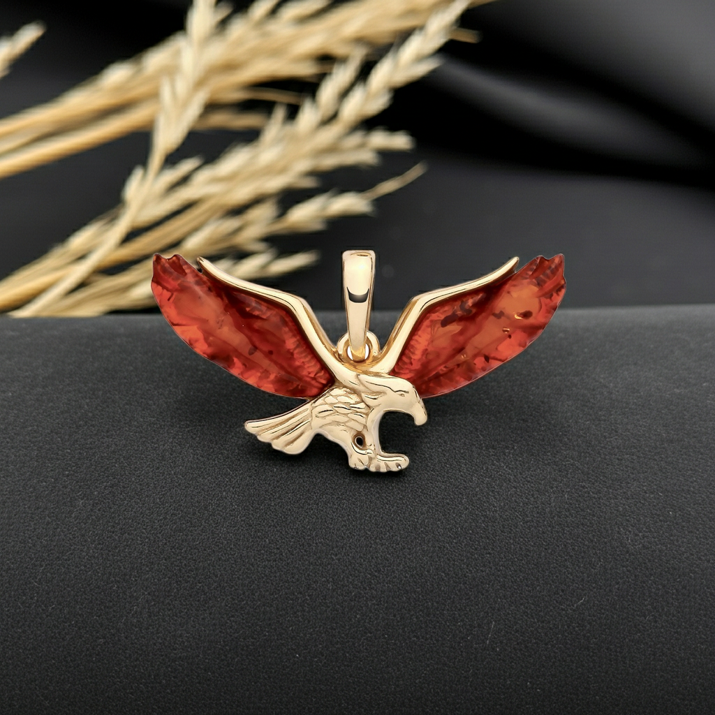 Natural Amber Eagle Pendant 18ct Gold on Solid Sterling Silver 925 18" Chain