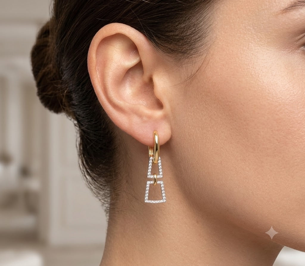 Real Diamond Geometric Drop Earrings 9k Yellow Gold Hoop Dangle Modern Design