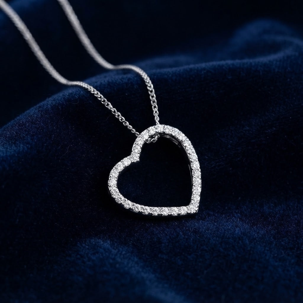 Natural Diamond Open Heart Pendant Necklace 9ct White Gold 18" / 45cm Chain