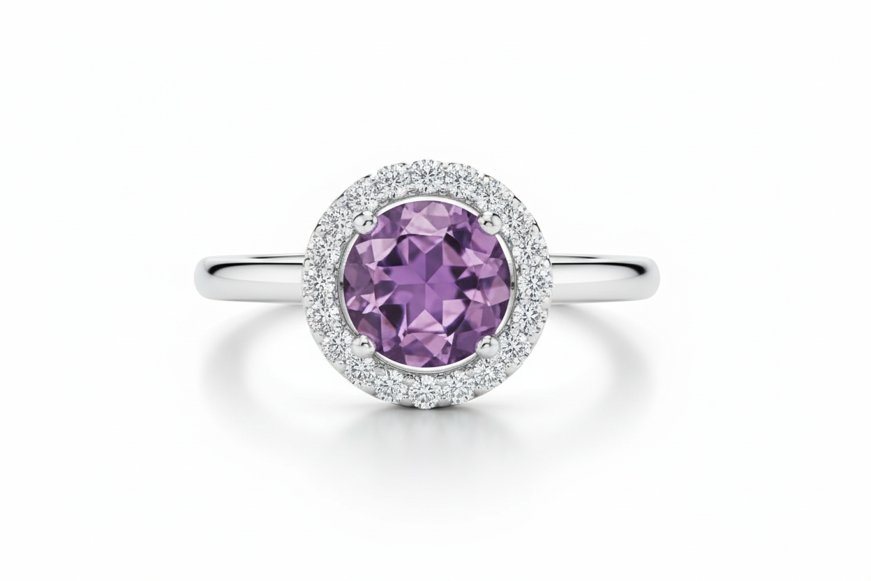 Real Amethyst Halo Ring Solid Sterling Silver 925