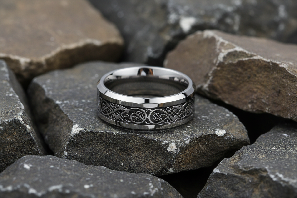 Fred Bennett Filigree Tungsten Ring 8mm Wide Band R3863