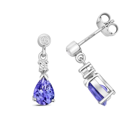 Tanzanite and Diamond Earrings 9ct White Gold Teardrop Pear Drops
