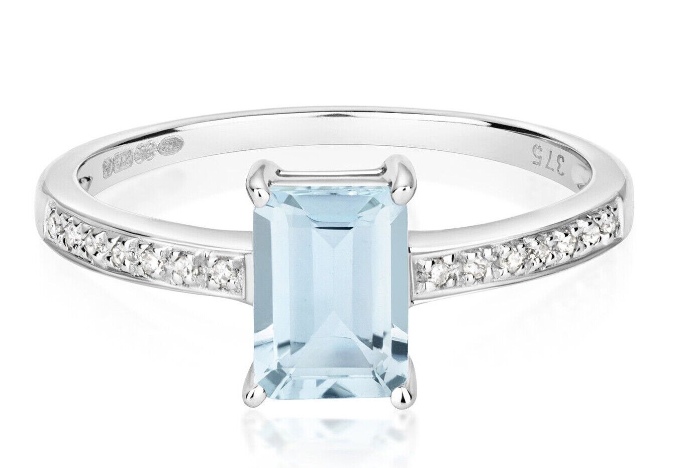 Real Aquamarine and Diamond Ring Solid White Gold Emerald Cut Solitaire Size J-Q