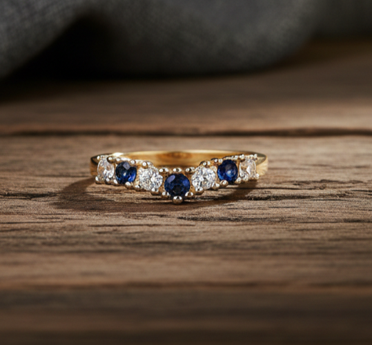 18ct Gold Sapphire Wishbone Ring Anniversary Band on Solid Silver Size K-U