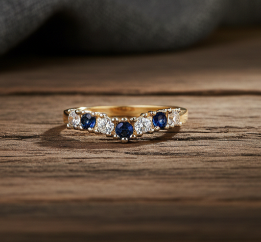 18ct Gold Sapphire Wishbone Ring Anniversary Band on Solid Silver Size K-U