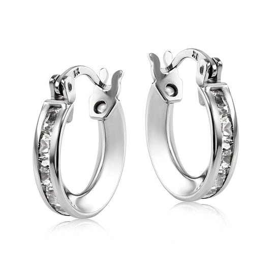 White Gold Gemstone Hoop Earrings 13mm Creole Hoops Princess Cut Zircon Hallmark