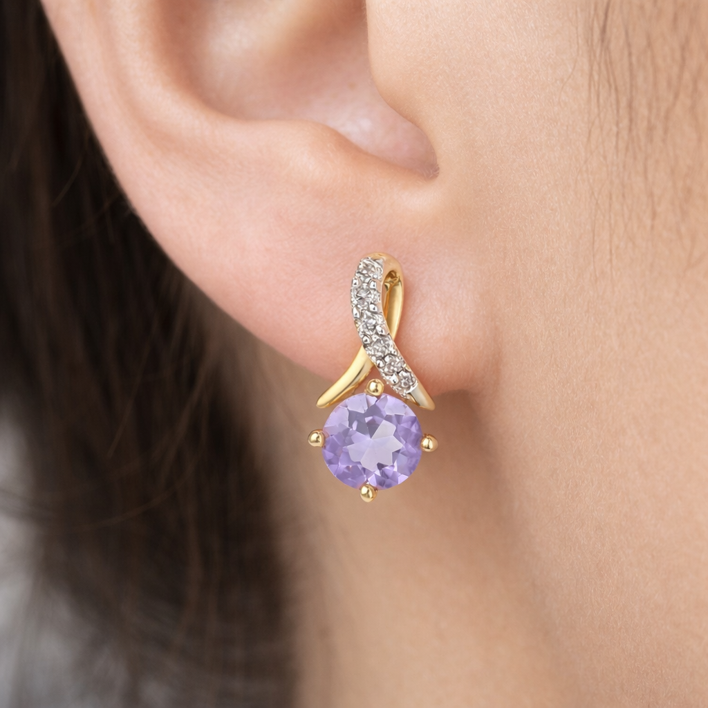 Natural Amethyst and Diamond Earrings Solid 9ct Yellow Gold Drops Hallmarked