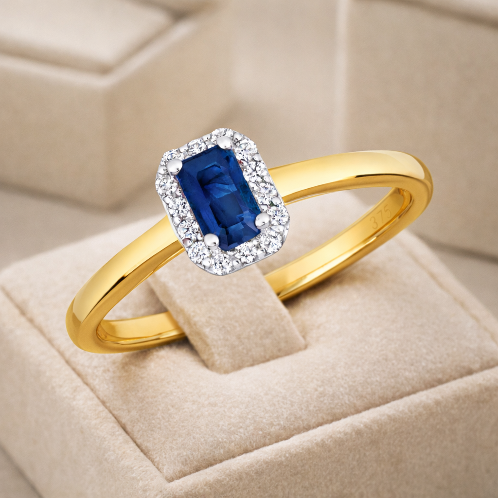 9ct Yellow Gold Sapphire and Diamond Ring Emerald Cut Cluster Size J - Q