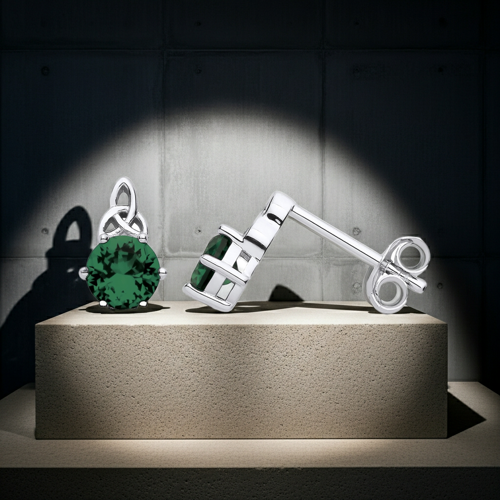 Emerald Celtic Stud Earrings Solid Sterling Silver 925 Hallmark Rhodium Finish