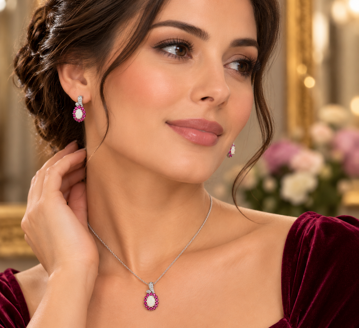 Real Ruby Opal and Diamond Pendant and Earrings Matching Set Solid Silver