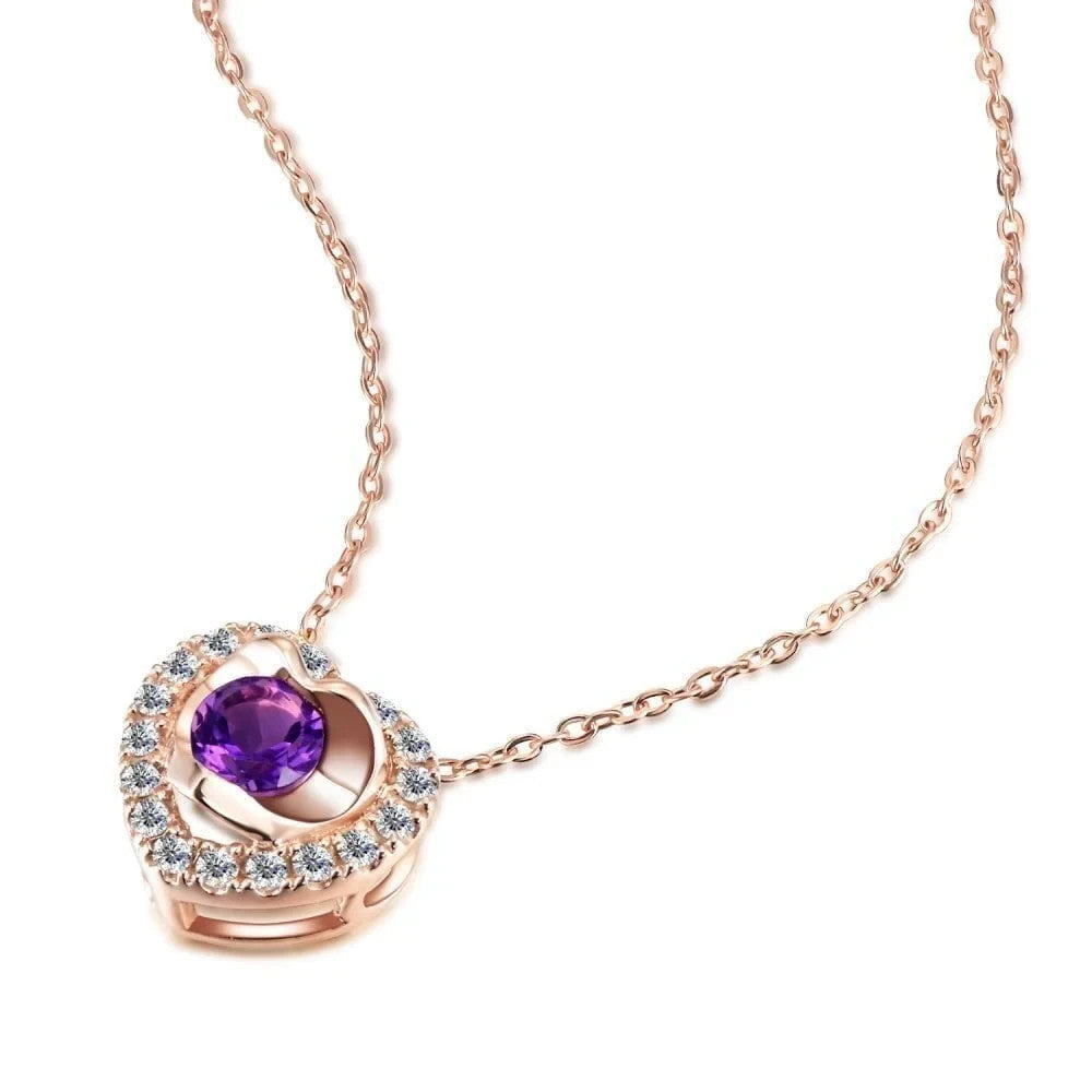 Amethyst Heart Necklace With Diamond Solid Rose Gold 18" 46cm Length Chain