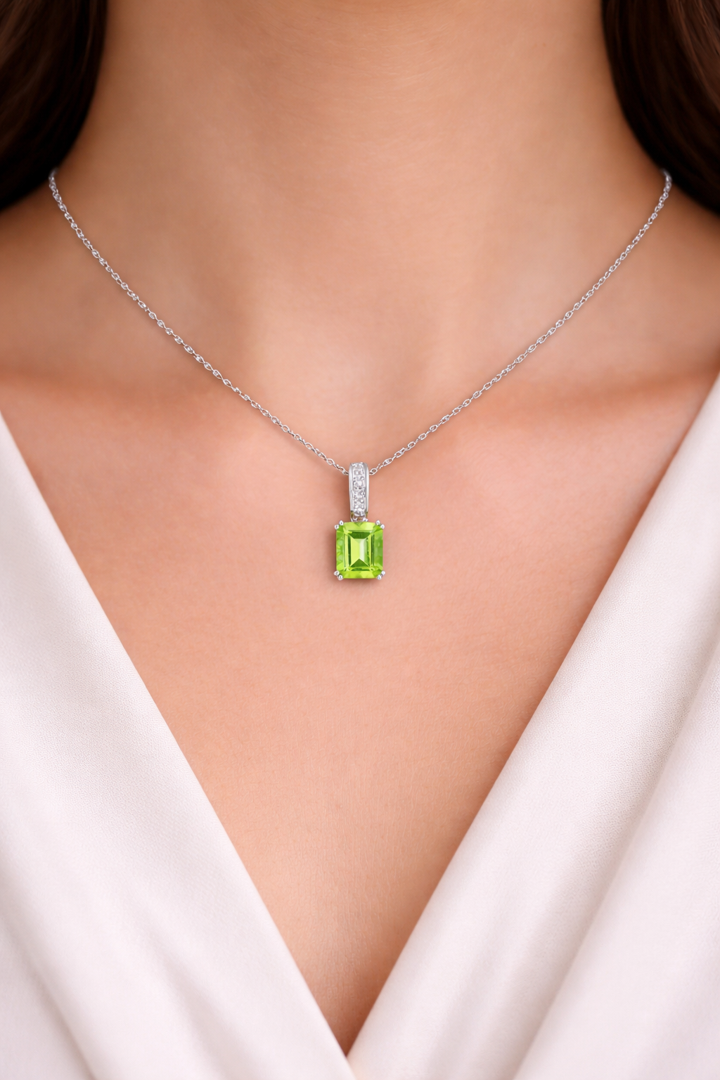 Natural Peridot Pendant With Diamonds 9ct White Gold 18" 46cm Length Chain