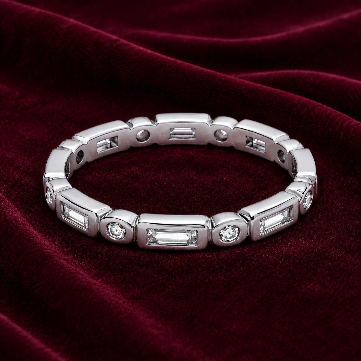 Sterling Silver Full Eternity Band Ring Baguette and Round Gems 925