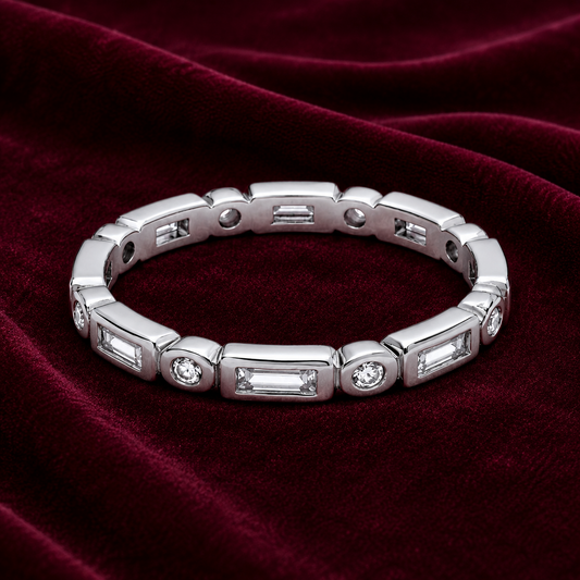 Sterling Silver Full Eternity Band Ring Baguette and Round Gems 925