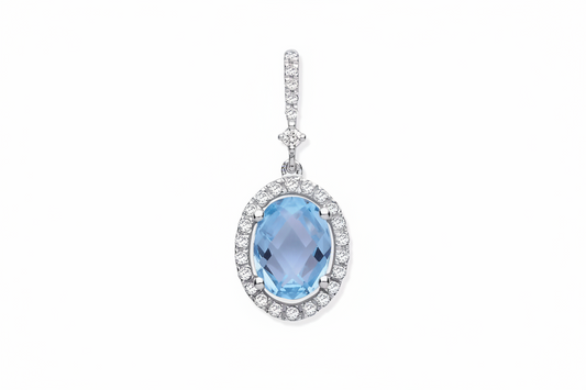 9ct White Gold 1.77ct Oval Blue Topaz & 0.17ct Diamond Pendant
