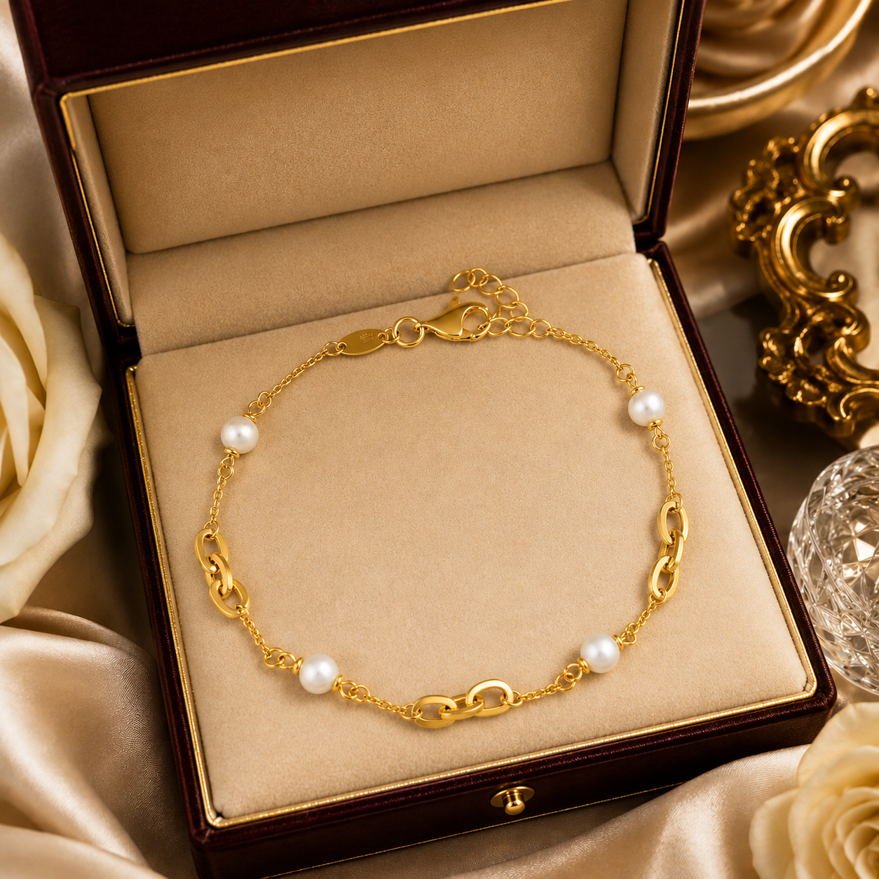 Elegant Freshwater Pearl Station Bracelet with Oval Links  375 Hallmark 17-19cm