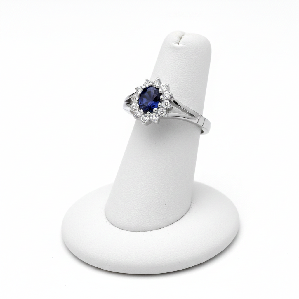 Sterling Silver Sapphire Ring Oval Cluster Engagement 925 Hallmark Size K-S