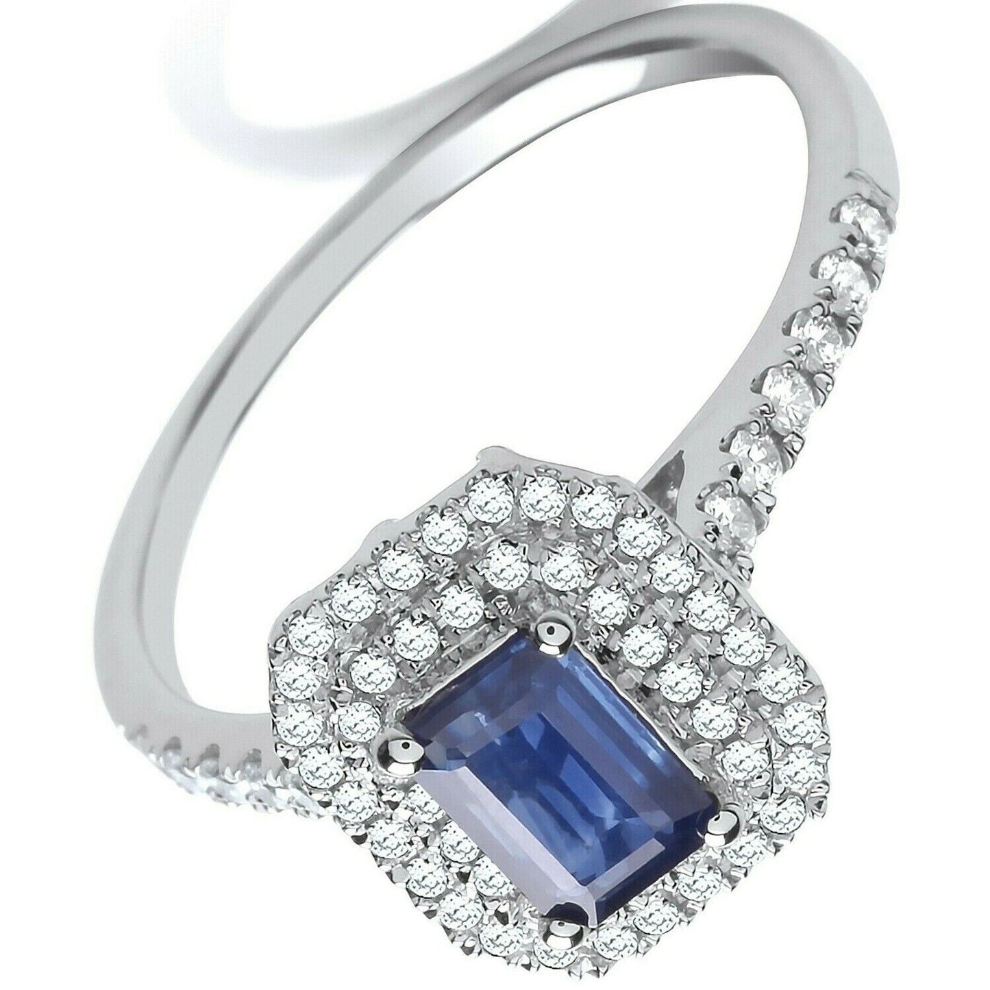9ct White Gold 0.30ct Double Halo Diamond 0.66ct Emerald Cut Sapphire Ring