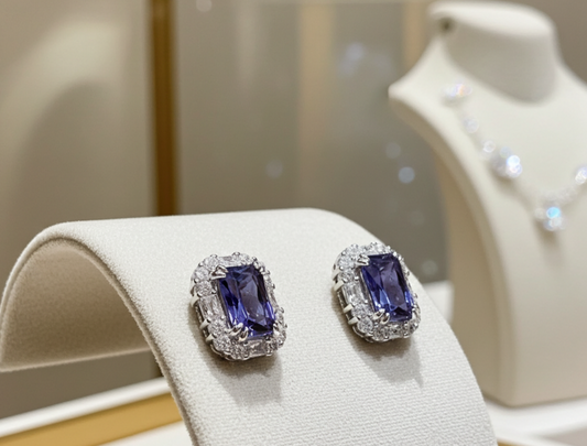 Tanzanite Cluster Earrings Solid Sterling Silver 925 Hallmark Rhodium Finish