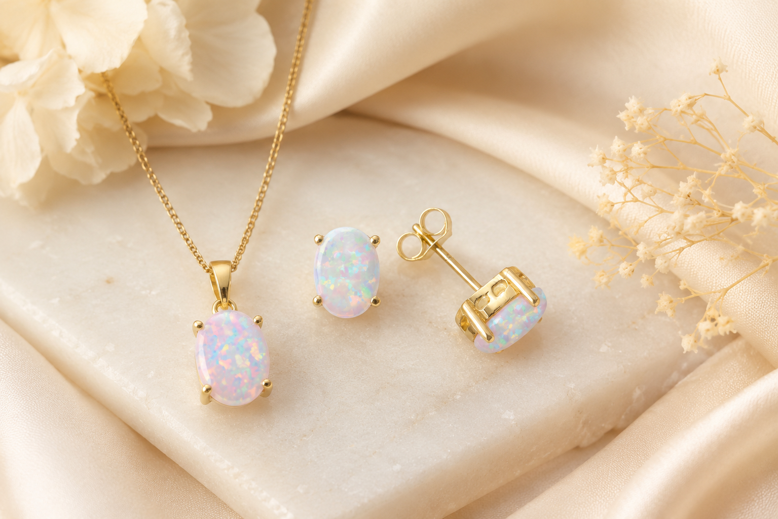Opal Pendant Necklace & Matching Stud Earrings Set – Solid Yellow Gold