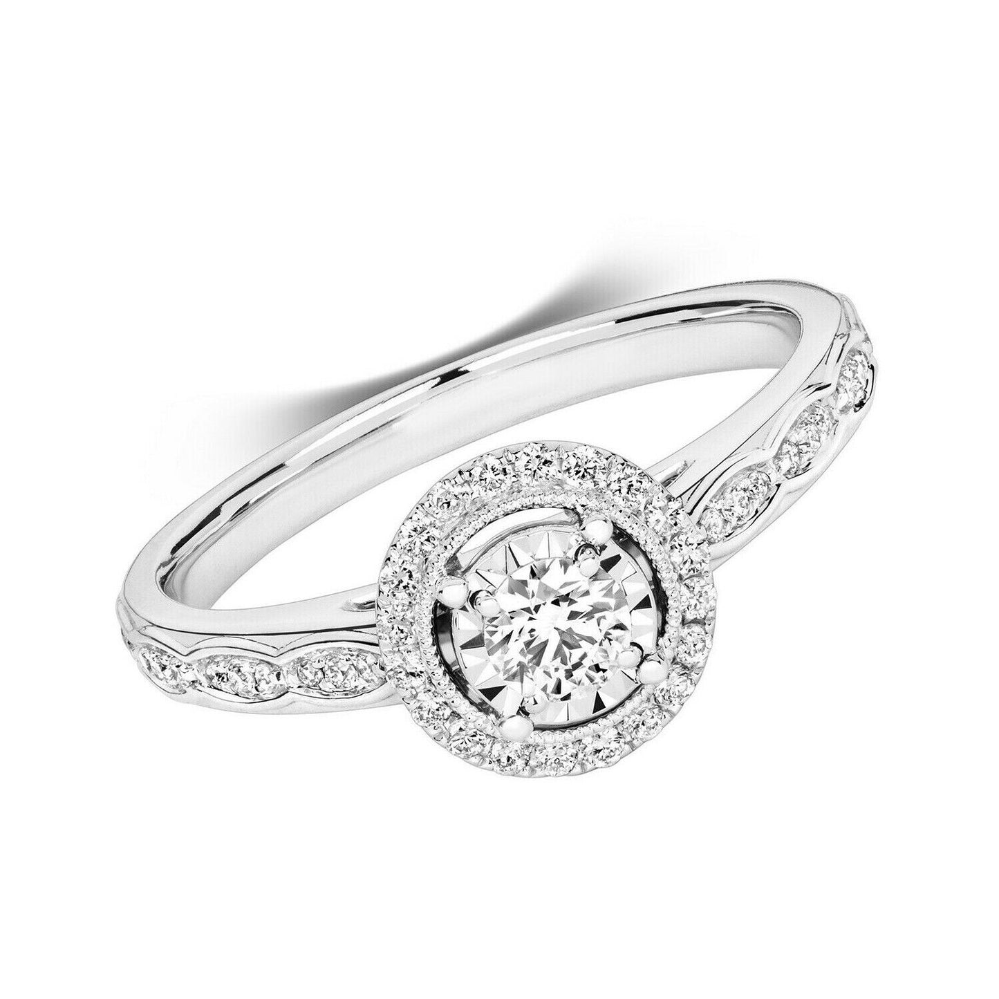 Real Diamond Ring 9ct White Gold Solitaire Cluster 0.35 Carat Weight of Diamonds