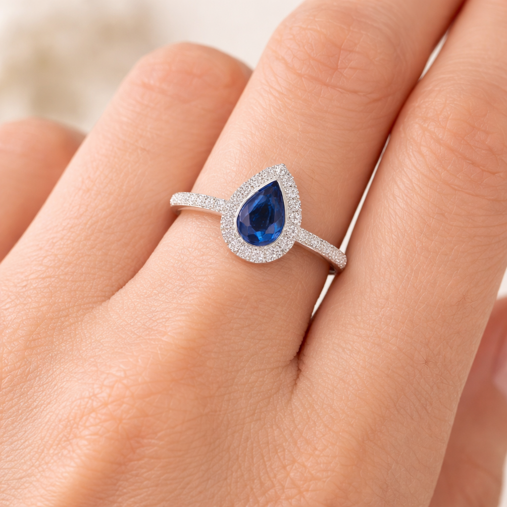 Sapphire and Diamond Pear Ring 9ct White Gold Teardrop Cluster Size J - Q
