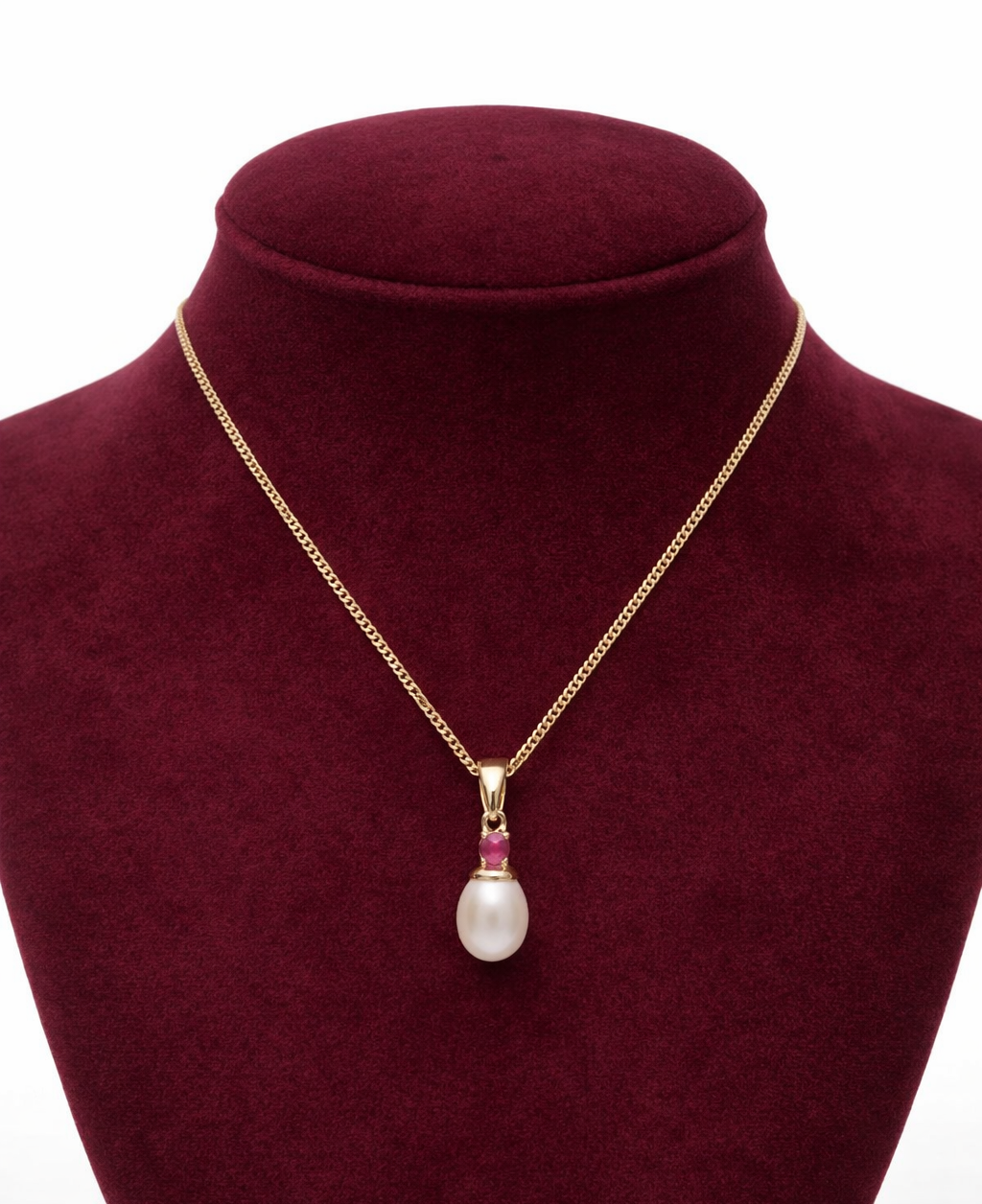 Real Ruby and Freshwater Pearl Pendant 9ct Yellow Gold 18" 46cm Gold Chain
