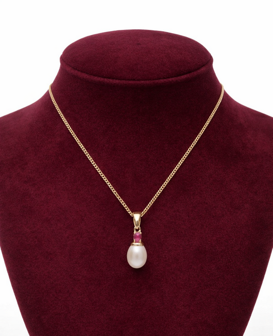 Real Ruby and Freshwater Pearl Pendant 9ct Yellow Gold 18" 46cm Gold Chain