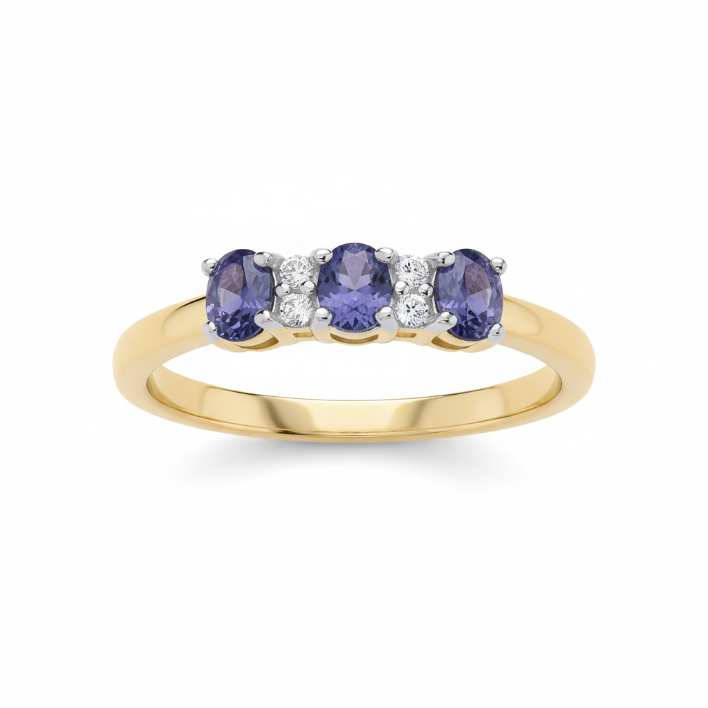Tanzanite Three Stone Trilogy Ring 18ct Gold on Solid Sterling Silver Size K-S