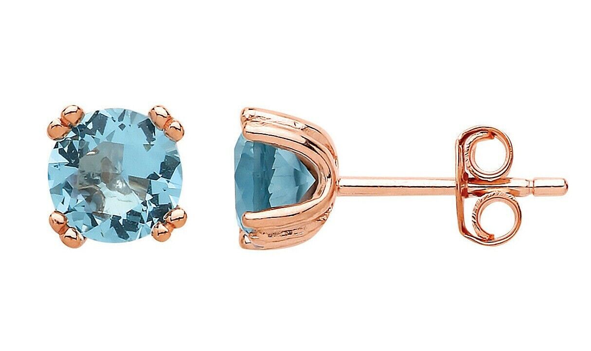 Aquamarine Stud Earrings Solid Sterling Silver Rose Gold Plate 925 Hallmark