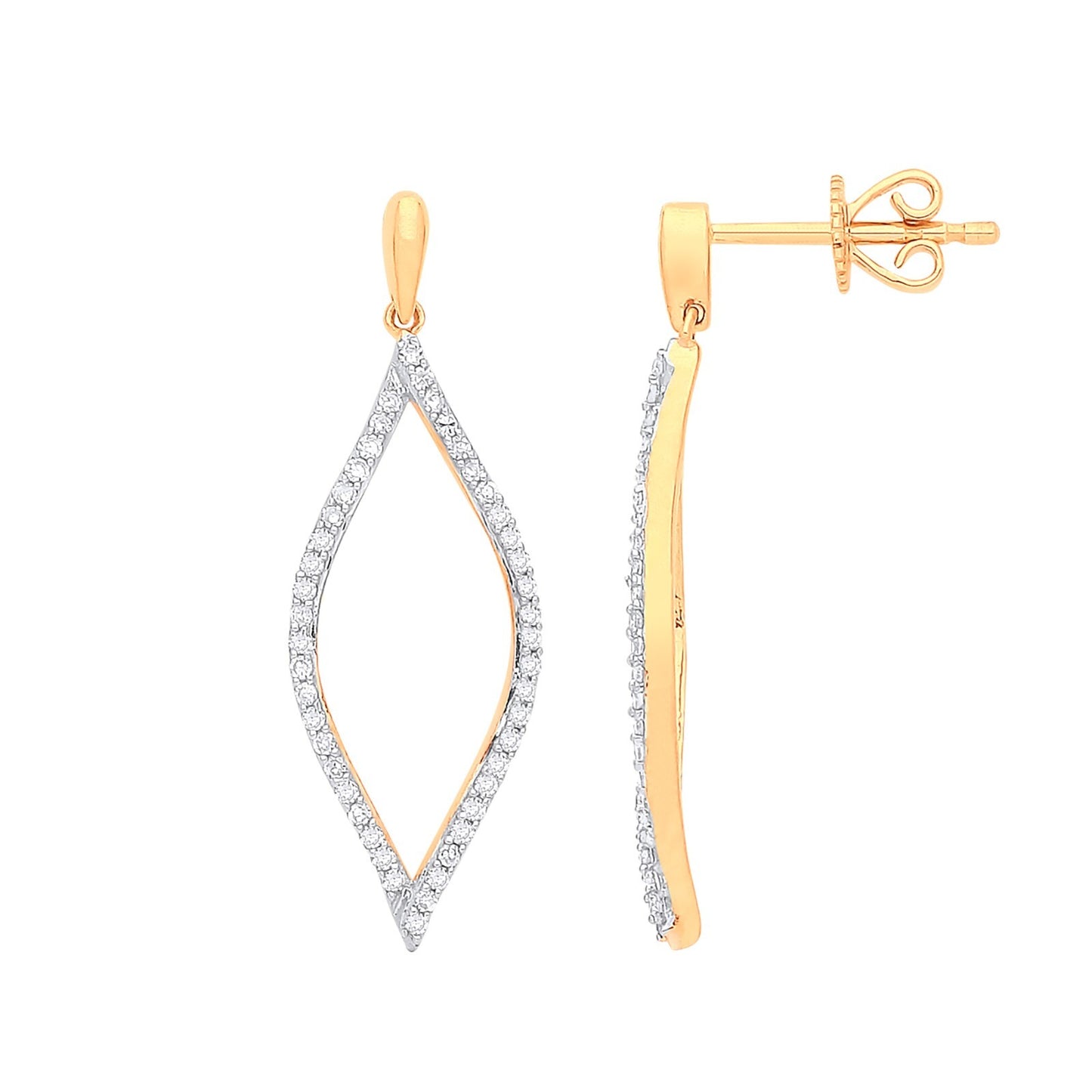 9ct Yellow Gold Diamond Drop Earrings 30mm Teardrop Open Marquise Ladies Gift